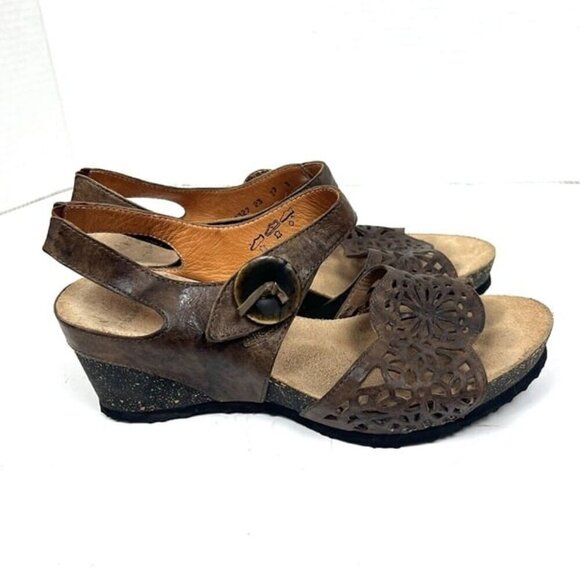 Think Zilli Wedge Leather Sandals EU 37 US 6.5 Taupe Cork Hook & Loop Boho Chic - Picture 1 of 7